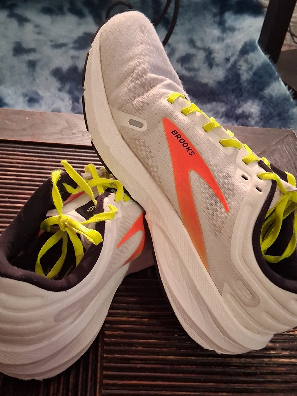 Brooks White Launch 9 Running Shoes with Neon Yellow & Orange Accents